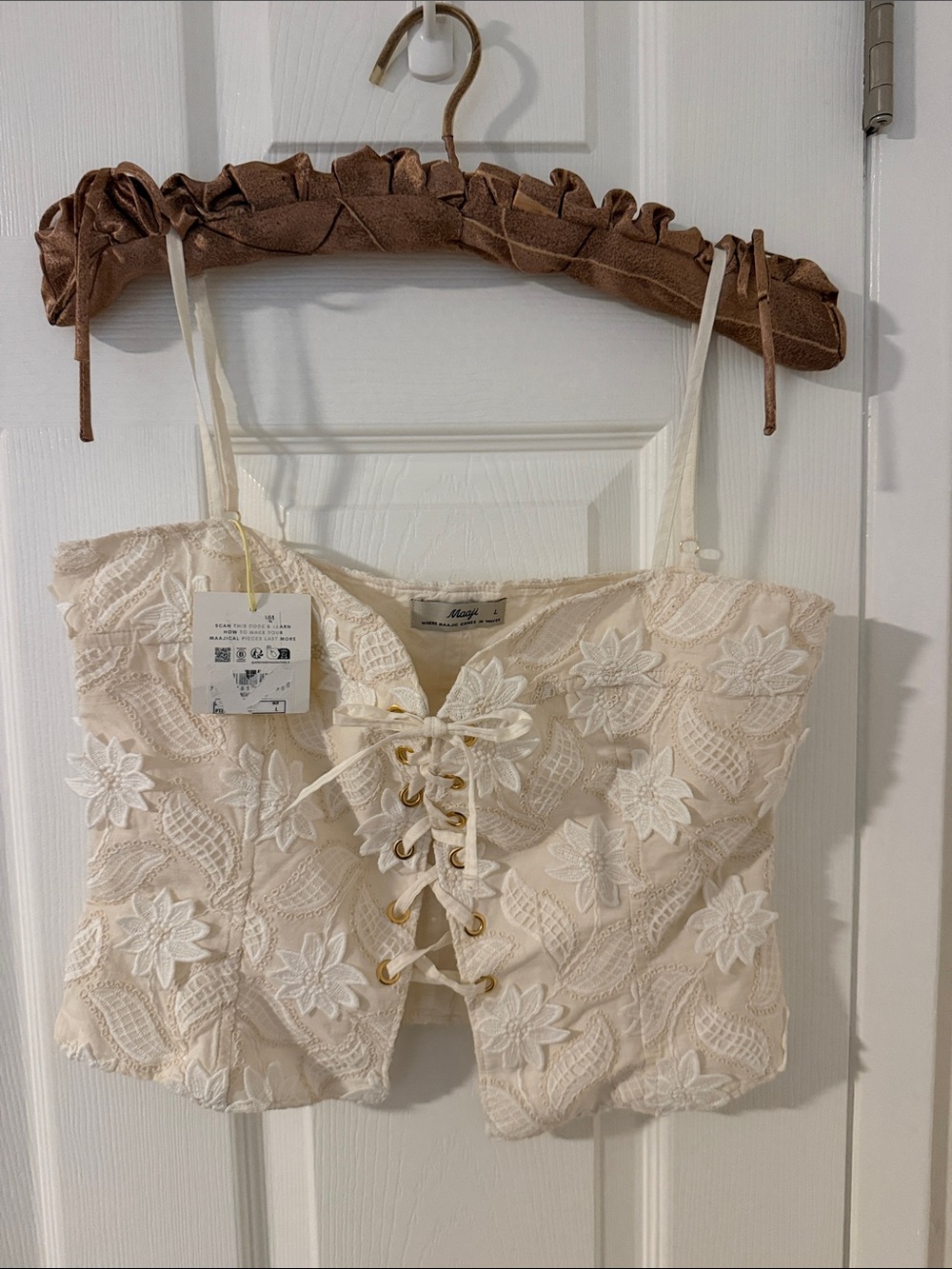Maaji Cream Floral Lace-Up Cropped Cami